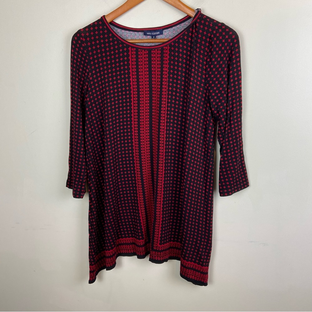 Max Edition Red Black Abstract Print Tunic Blouse 3/4 Sleeve NWT Medium‎